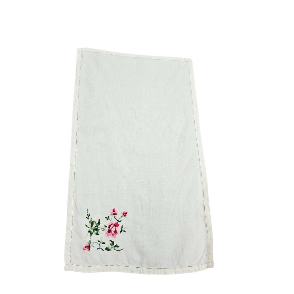 Vintage Embroidered Linen Tea Towel Cottagecore Floral Pink Green Roses - Picture 1 of 9